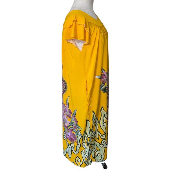 Boho Indie Floral Peacock Print Bright Colored Dress with capped Ruffle Sleeves - Picture 3 of 8